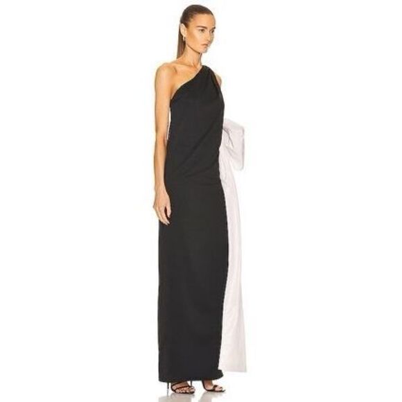 NWT Daniele Carlotta Sleeveless Colorblock One Shoulder Gown Black Ivory Size XS - Picture 2 of 12